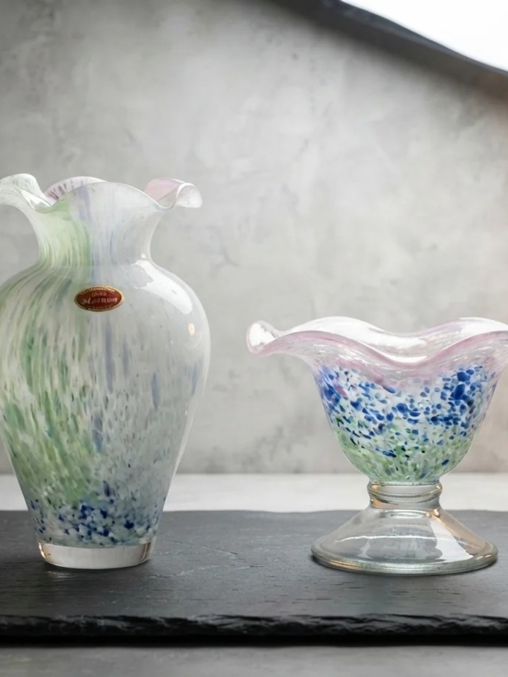 Hand-Blown Art Glass Vase & Compote in Pastel Blue, Green & Pink